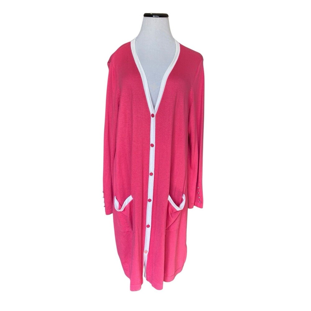 Susan Graver Longline Cardigan Sweater Size 1X Pink Contrast Trim Button‎ Front